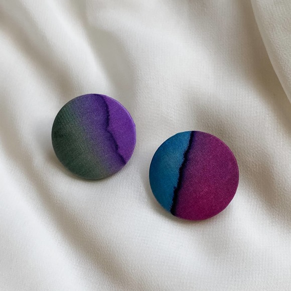 Vintage Jewelry - VTG Watercolor Silk Purple Button Earrings